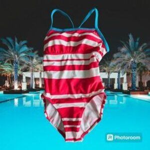 Women's Nike Swimsuit One Piece Size 8 M Red & White Striped Blue Trim Logo EUC